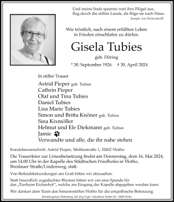 Traueranzeige von Gisela Tubies von Westfalen Blatt