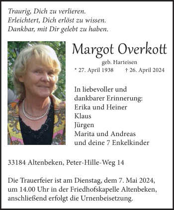 Traueranzeige von Margot Overkott von Westfalen Blatt