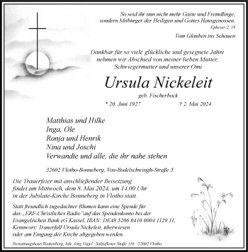 Traueranzeige von Ursula Nickeleit von Westfalen Blatt