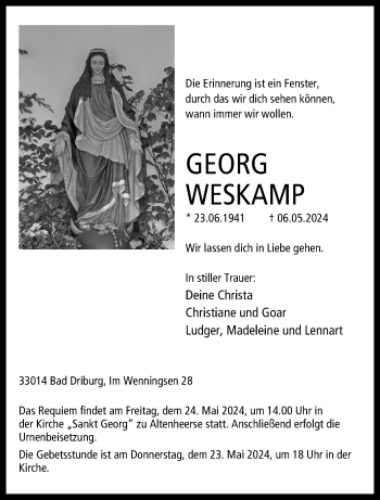 Traueranzeige von Georg Weskamp von Westfalen Blatt