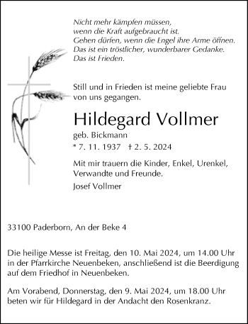 Traueranzeige von Hildegard Vollmer von Westfalen Blatt