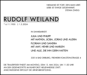 Traueranzeige von Rudolf Weiland von Westfalen Blatt