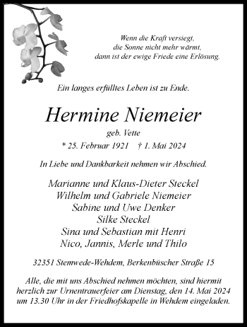 Traueranzeige von Hermine Niemeier von Westfalen Blatt