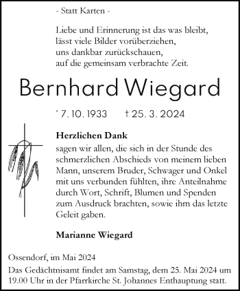 Traueranzeige von Bernhard Wiegard von Westfalen Blatt