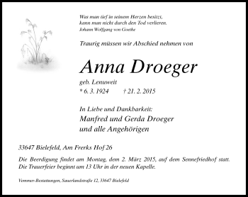 Traueranzeige von Anna Droeger von Neue Westfälische