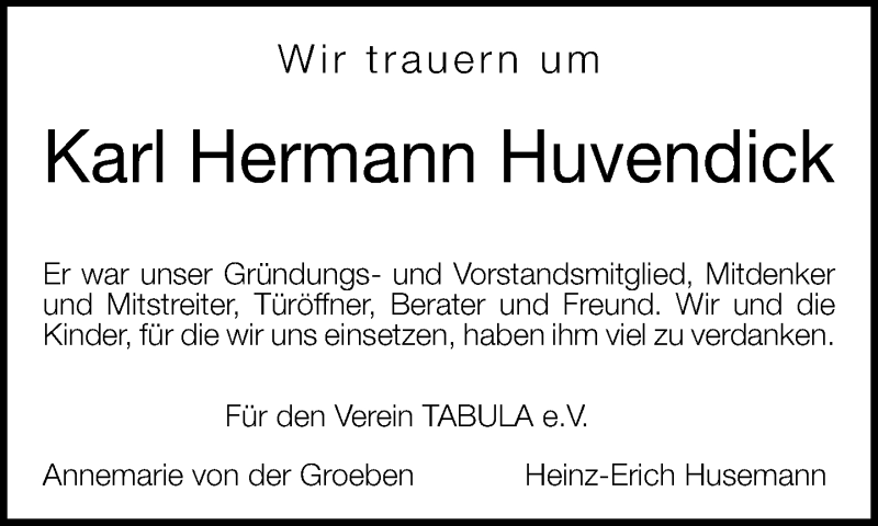  Traueranzeige für Karl Hermann Huvendick vom 09.06.2015 aus Neue Westfälische
