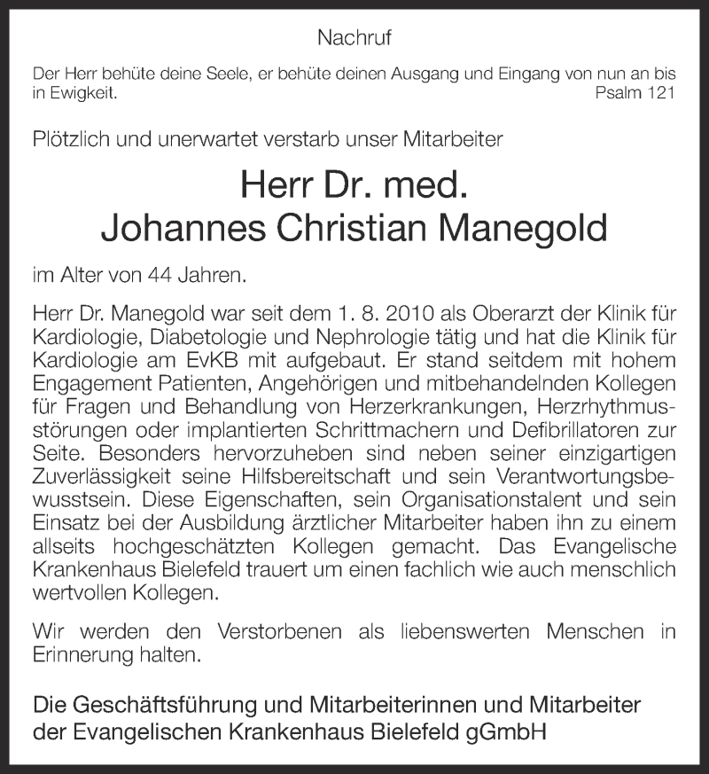 Traueranzeige für Johannes Christian Manegold vom 12.02.2015 aus Neue Westfälische