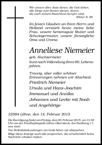Traueranzeige von Anneliese Niemeier von Neue Westfälische