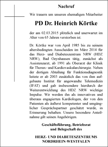 Traueranzeige von Heinrich Körtke von Neue Westfälische