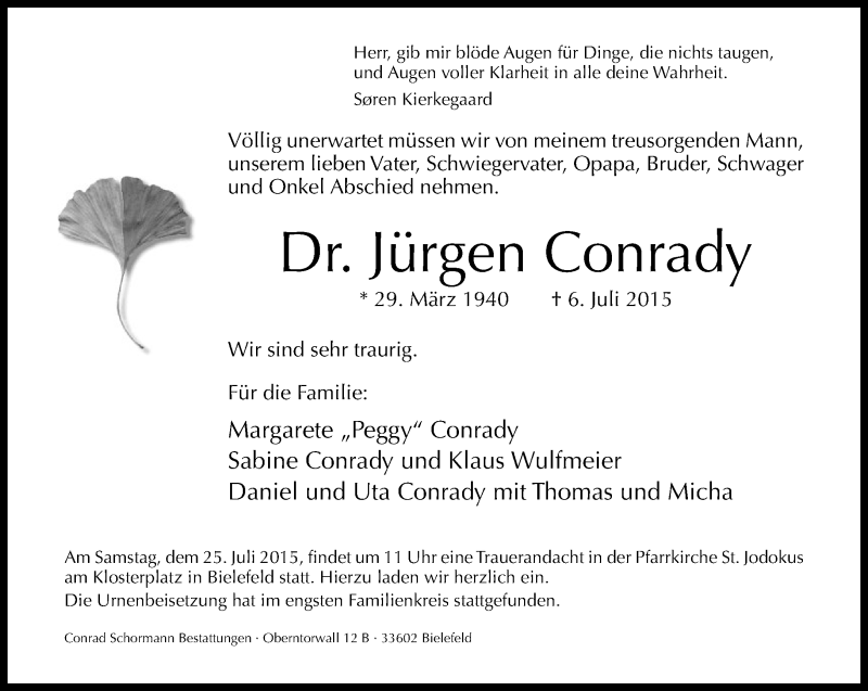  Traueranzeige für Jürgen Conrady vom 11.07.2015 aus Neue Westfälische