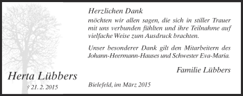 Traueranzeige von Herta Lübbers von Neue Westfälische