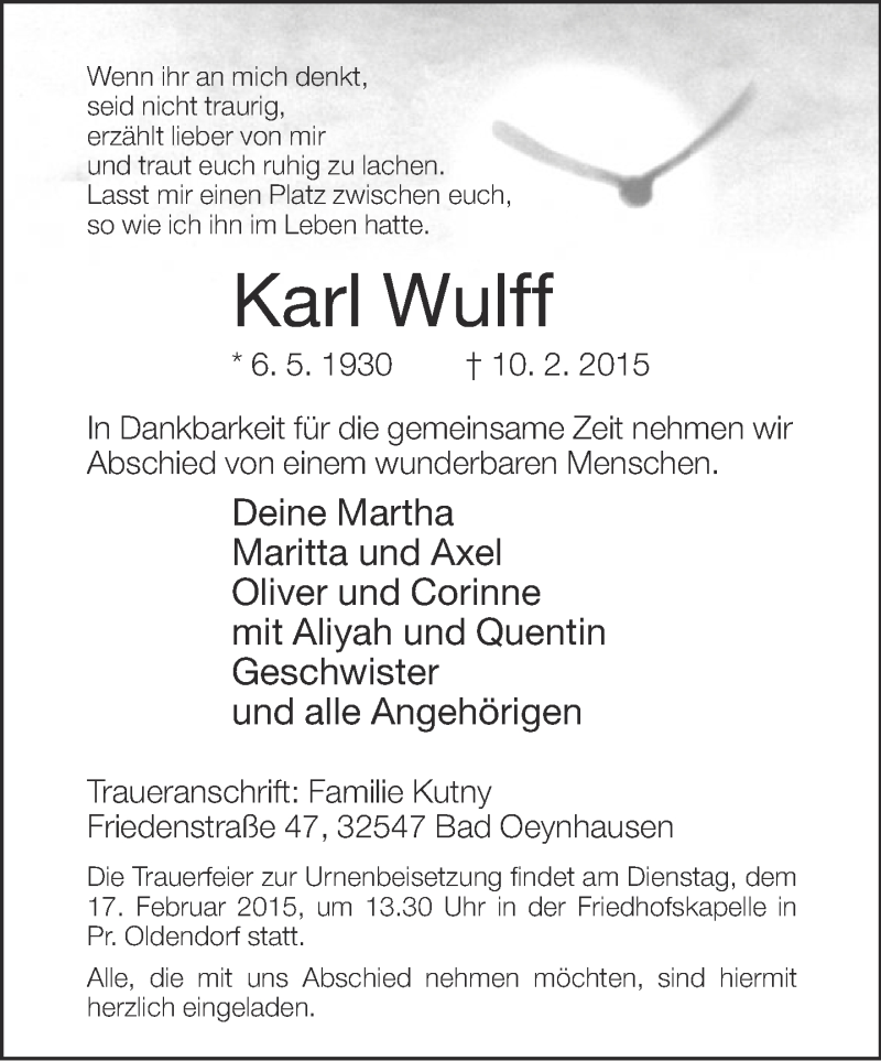  Traueranzeige für Karl Wulff vom 11.02.2015 aus Neue Westfälische