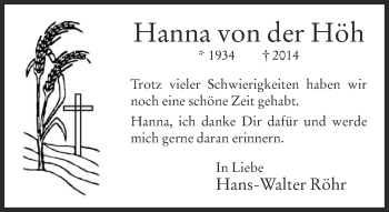 Traueranzeige von Hanna von der Höh von Neue Westfälische