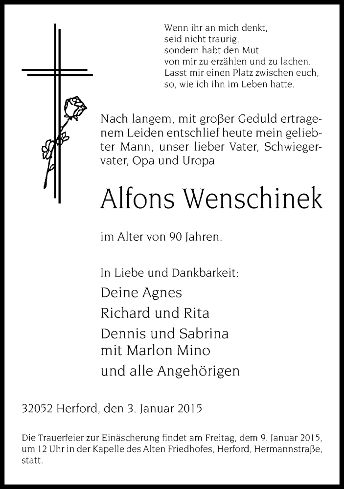  Traueranzeige für Alfons Wenschinek vom 06.01.2015 aus Neue Westfälische