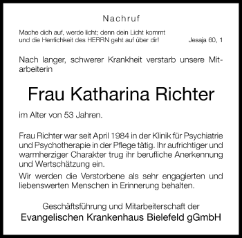 Traueranzeige von Katharina Richter von Neue Westfälische