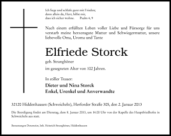 Traueranzeige von Elfriede Storck von Neue Westfälische