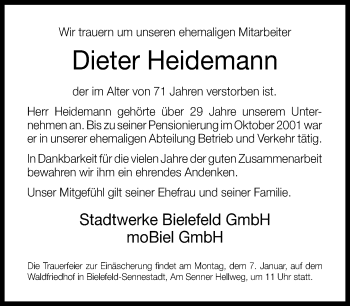 Traueranzeige von Dieter Heidemann von Neue Westfälische