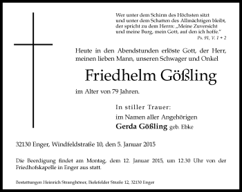 Traueranzeige von Friedhelm Gößling von Neue Westfälische
