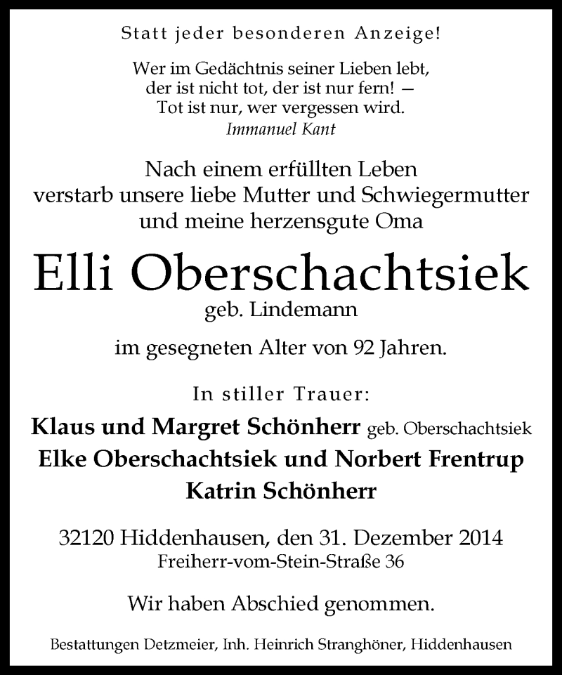  Traueranzeige für Elli Oberschachtsiek vom 07.01.2015 aus Neue Westfälische