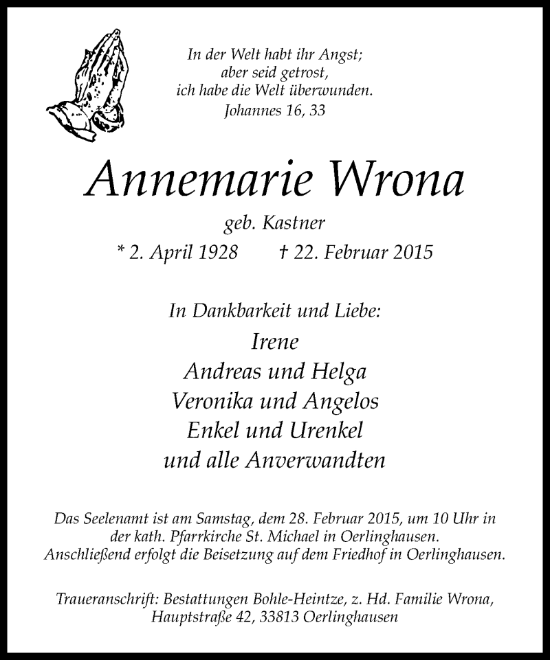  Traueranzeige für Annemarie Wrona vom 25.02.2015 aus Neue Westfälische