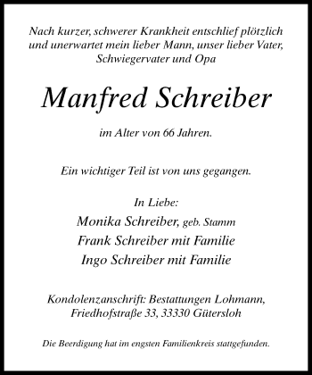Traueranzeige von Manfred Schreiber von Neue Westfälische