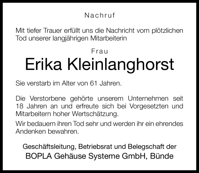  Traueranzeige für Erika Kleinlanghorst vom 07.01.2012 aus Neue Westfälische