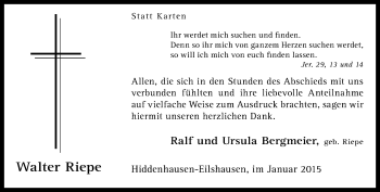 Traueranzeige von Walter Riepe von Neue Westfälische