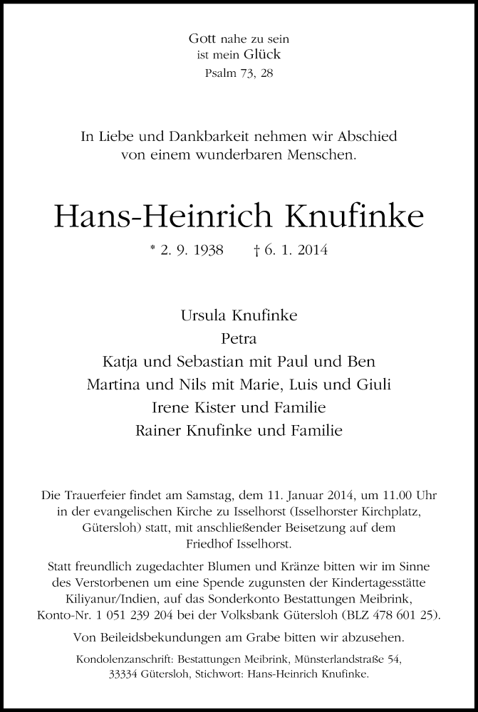  Traueranzeige für Hans-Heinrich Knufinke vom 08.01.2014 aus Neue Westfälische