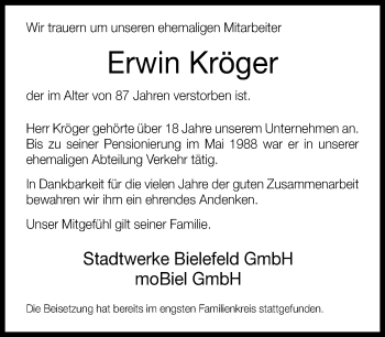 Traueranzeige von Erwin Kröger von Neue Westfälische