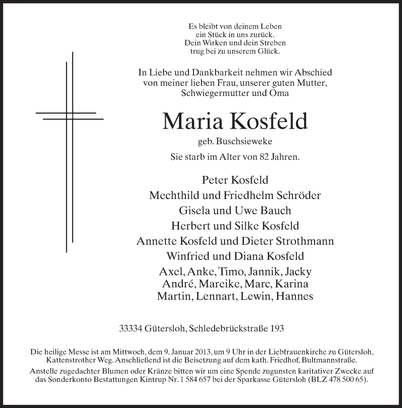  Traueranzeige für Maria Kosfeld vom 05.01.2013 aus Neue Westfälische