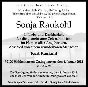 Traueranzeige von Sonja Raukohl von Neue Westfälische
