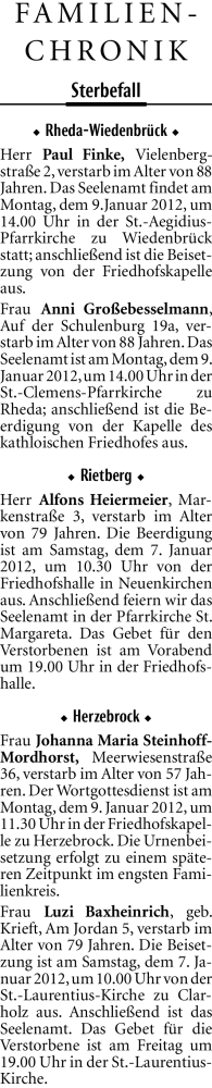  Traueranzeige für Paul Finke vom 06.01.2012 aus Neue Westfälische
