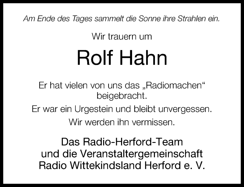  Traueranzeige für Rolf Hahn vom 09.01.2014 aus Neue Westfälische
