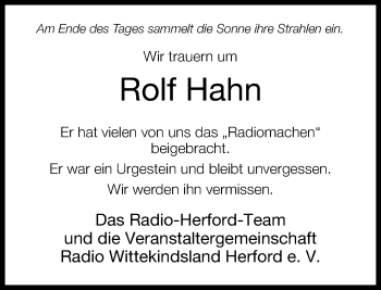 Traueranzeige von Rolf Hahn von Neue Westfälische