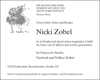 Traueranzeige von Nicki Zobel von Neue Westfälische