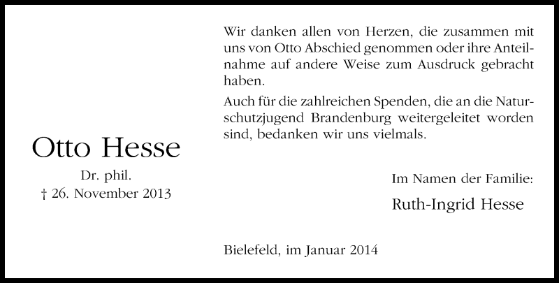  Traueranzeige für Otto Hesse vom 11.01.2014 aus Neue Westfälische