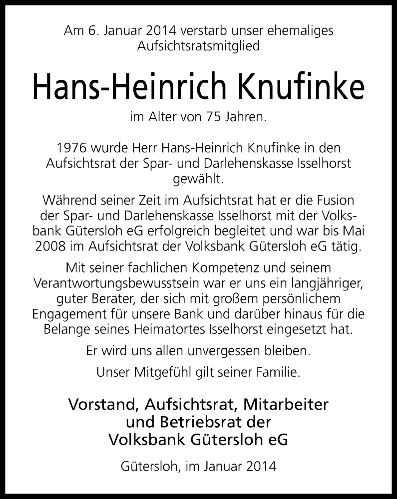  Traueranzeige für Hans-Heinrich Knufinke vom 10.01.2014 aus Neue Westfälische
