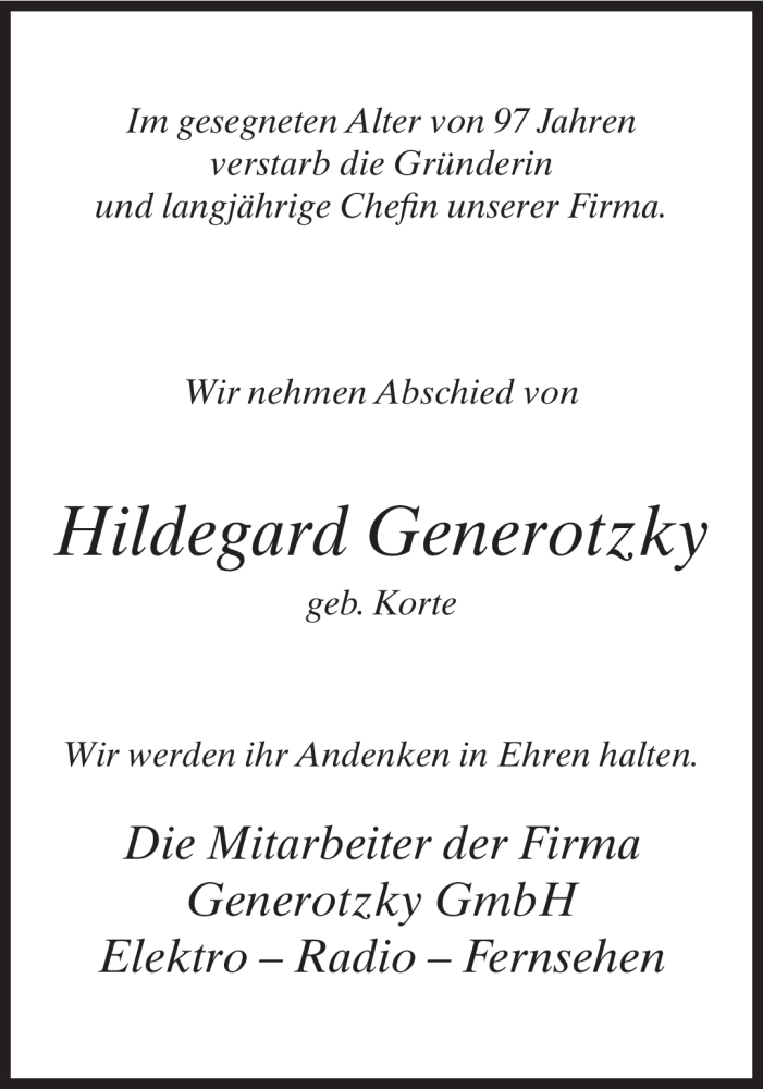  Traueranzeige für Hildegard Generotzky vom 09.01.2012 aus Neue Westfälische