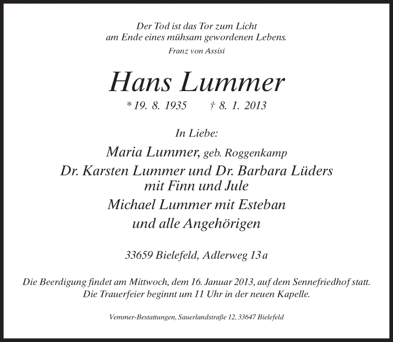  Traueranzeige für Hans Lummer vom 10.01.2013 aus Neue Westfälische