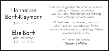 Traueranzeige von Hannelore und Else Barth von Neue Westfälische