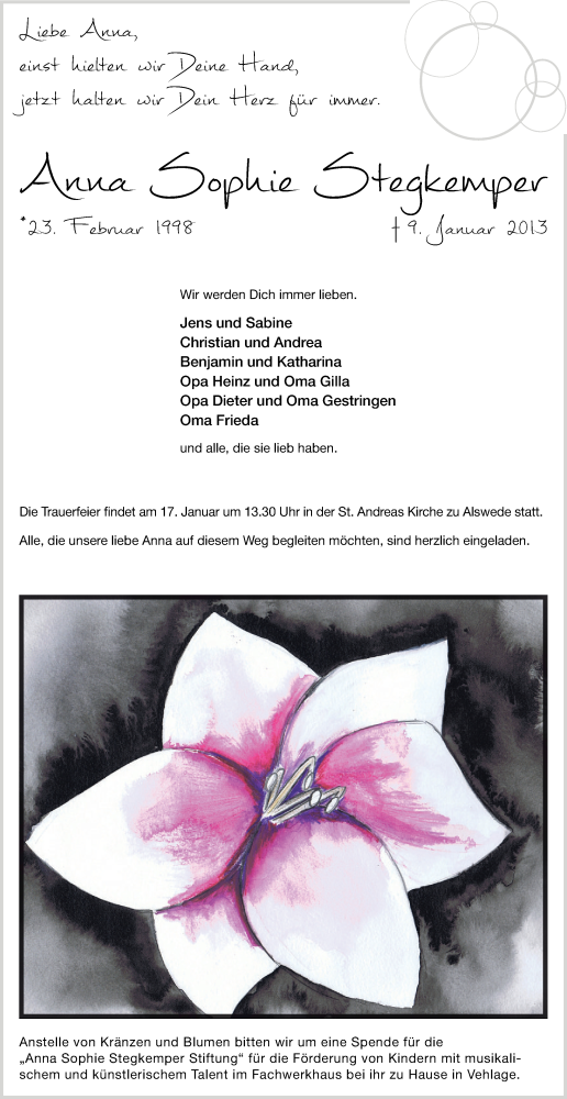  Traueranzeige für Anna Sophie  Stegkemper vom 12.01.2013 aus Neue Westfälische