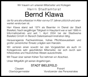 Traueranzeige von Bernd Klawa von Neue Westfälische