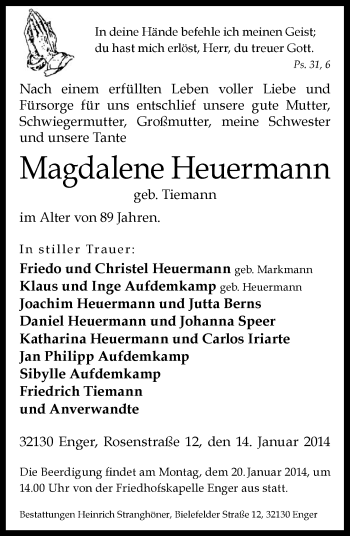 Traueranzeige von Magdalene Heuermann von Neue Westfälische