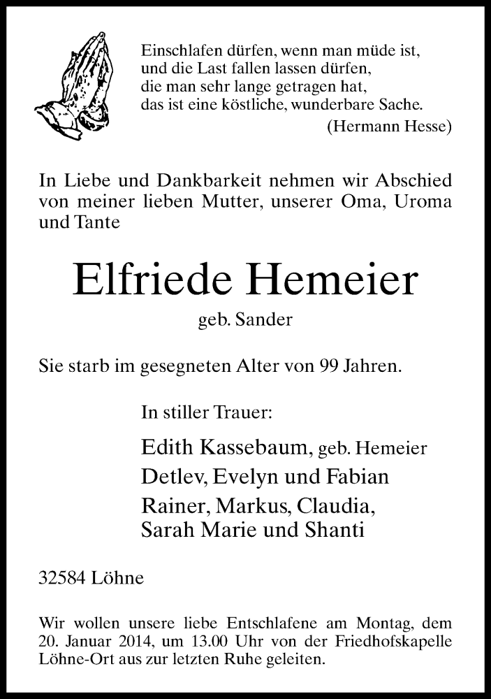  Traueranzeige für Elfriede Hemeier vom 17.01.2014 aus Neue Westfälische