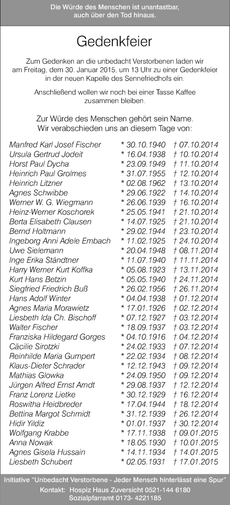  Traueranzeige für Gedenken unbedacht Verstorbenen vom 23.01.2015 aus Neue Westfälische