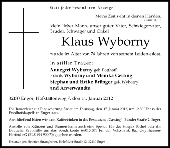 Traueranzeige von Klaus Wyborny von Neue Westfälische