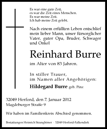 Traueranzeige von Reinhard Burre von Neue Westfälische