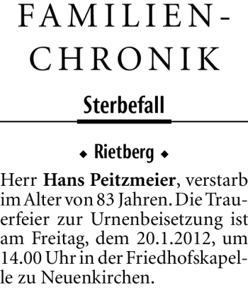 Traueranzeige von Hans Peitzmeier von Neue Westfälische