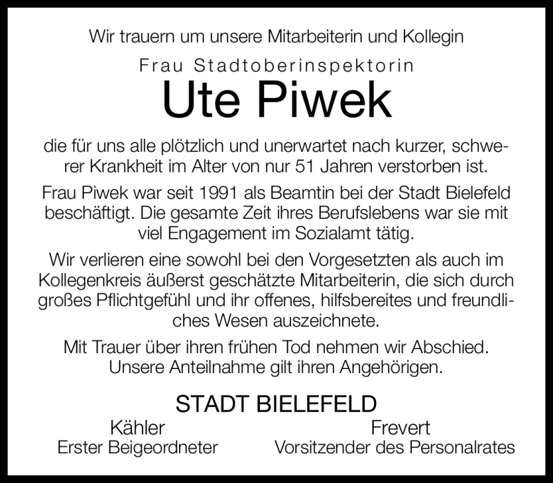  Traueranzeige für Ute Piwek vom 14.01.2012 aus Neue Westfälische