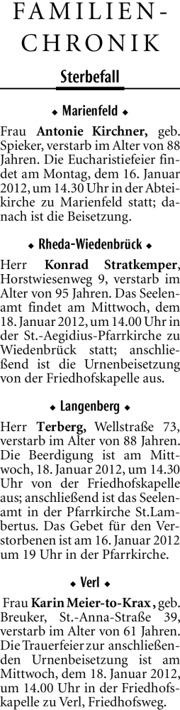  Traueranzeige für Antonie Kirchner vom 16.01.2012 aus Neue Westfälische